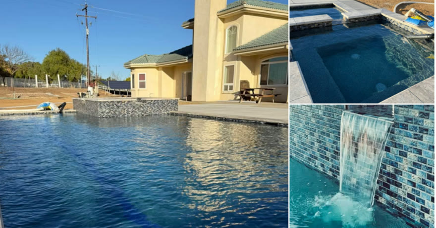 Connie's finished gunite pool with raised spa and glass-tile waterfall behind her home