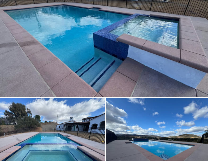 Steven's freshly filled pool and raised spa with tile spillway, hills in the distance